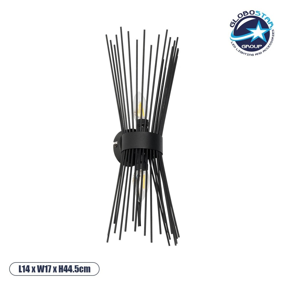 GLOBOSTAR® HORN 203-0043 Vintage Φωτιστικό Τοίχου - Απλίκα με Ντουί 2 x E14 AC 220-240V IP20 - Μαύρο - Μ14 x Π17 x Υ44.5cm